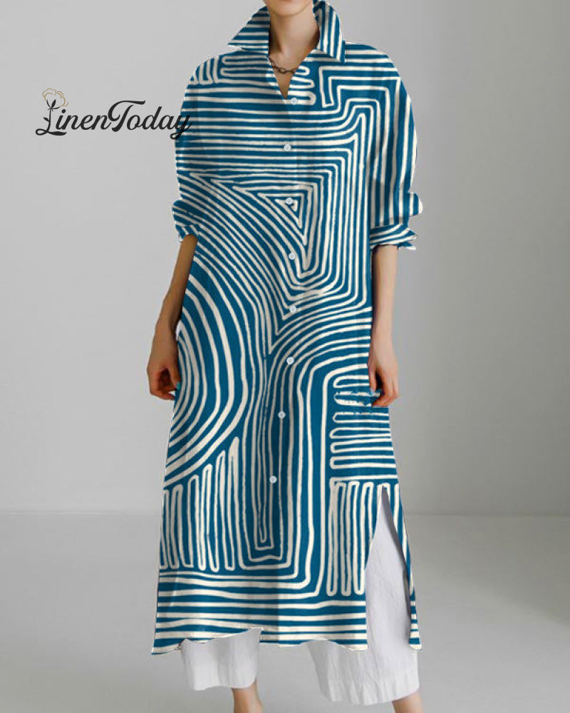 Casual Abstract Art Print Cotton And Linen Long Sleeve Slit Shirt Dress Blue / S