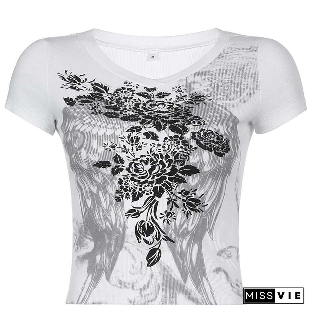 Heart Wing Graphic Printed Threaded Rhinestone Short Sleeve Shirt