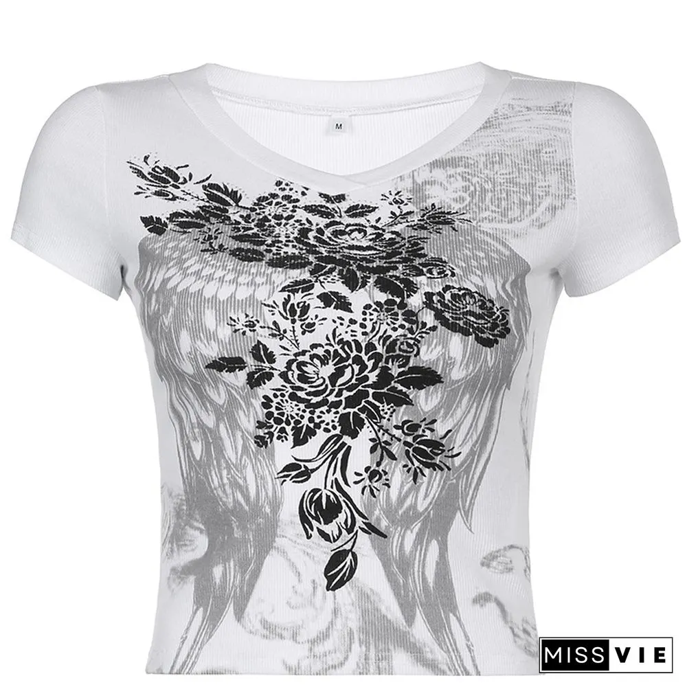 Heart Wing Graphic Printed Threaded Rhinestone Short Sleeve Shirt