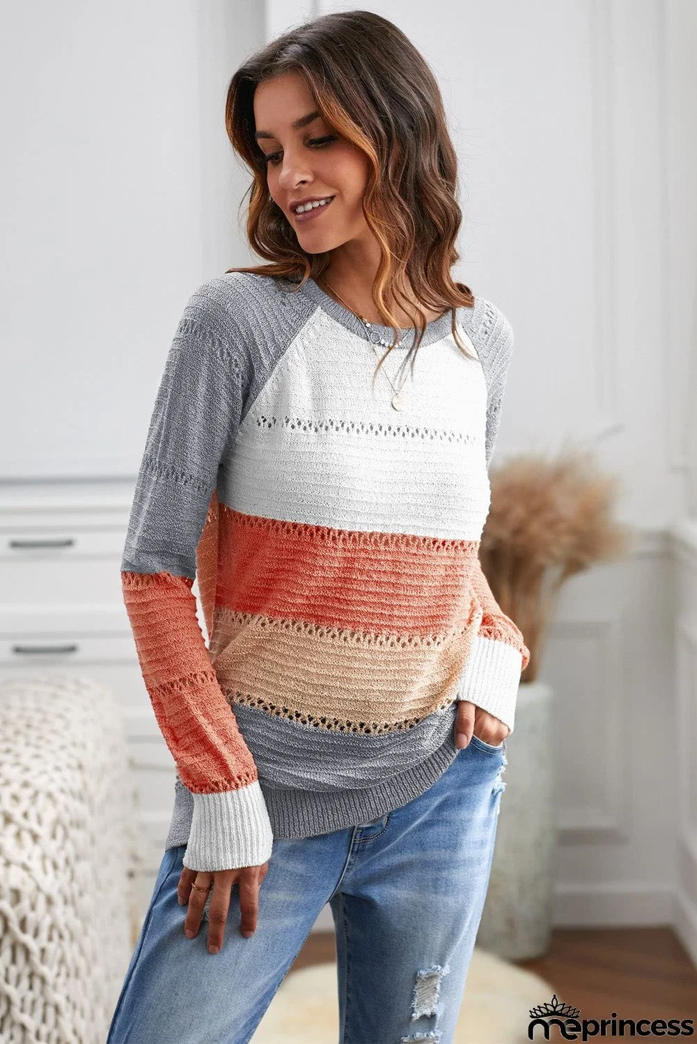 Multi-color Knitted Color Block Long Sleeve Crew Neck Sweater