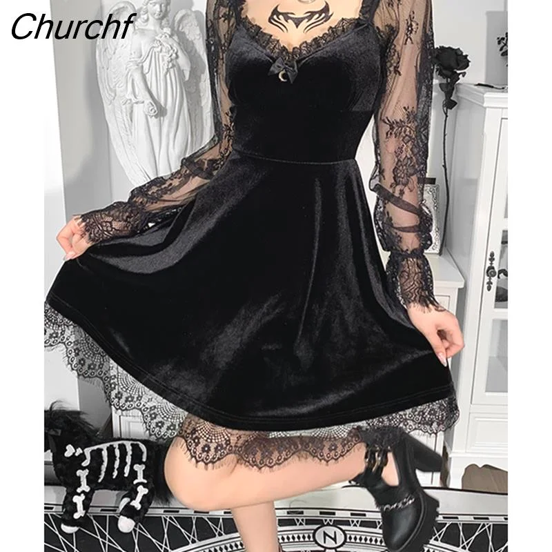 Churchf Gothic Black Velvet Lace Trim Dress Y2K Aesthetic High Waist A Line Mini Dresses E Girl Grunge Punk Partynight Dresses
