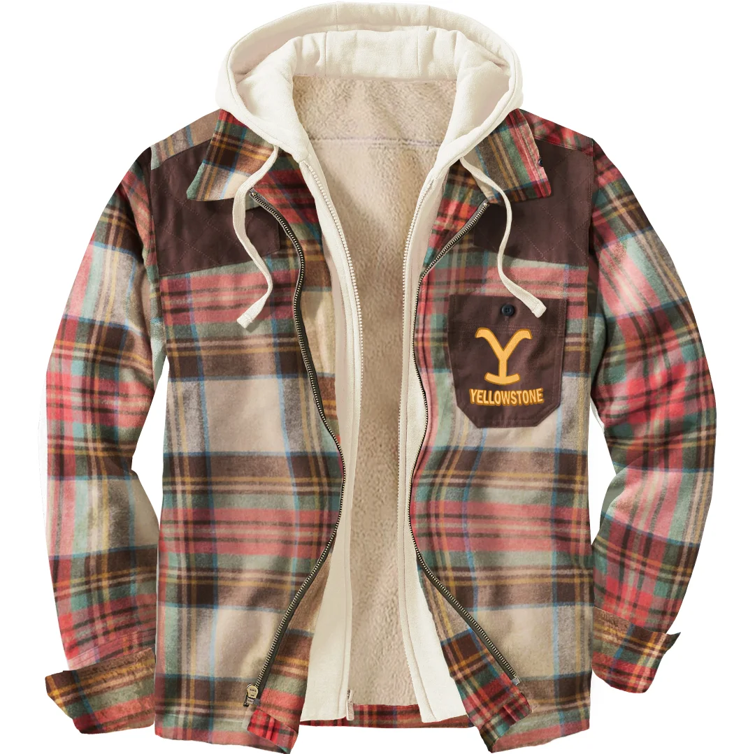 Men's Unisex Yellowstone Plaid Cowboy Patchwork Shirt Hooded Jacket-barclient