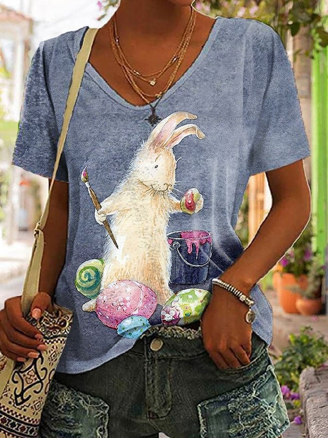 Easter Eggs Bunny Print Women's V-neck T-shirt
