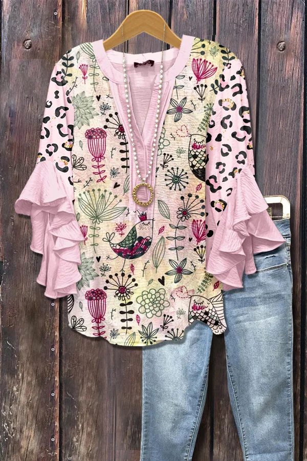 Vintage Floral Print Ruffle Sleeve Top