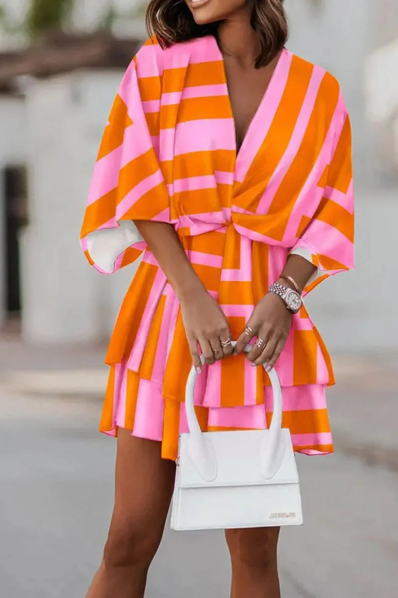 Pink Orange Casual Print Patchwork V Neck Printed Dress Dresses | EGEMISS