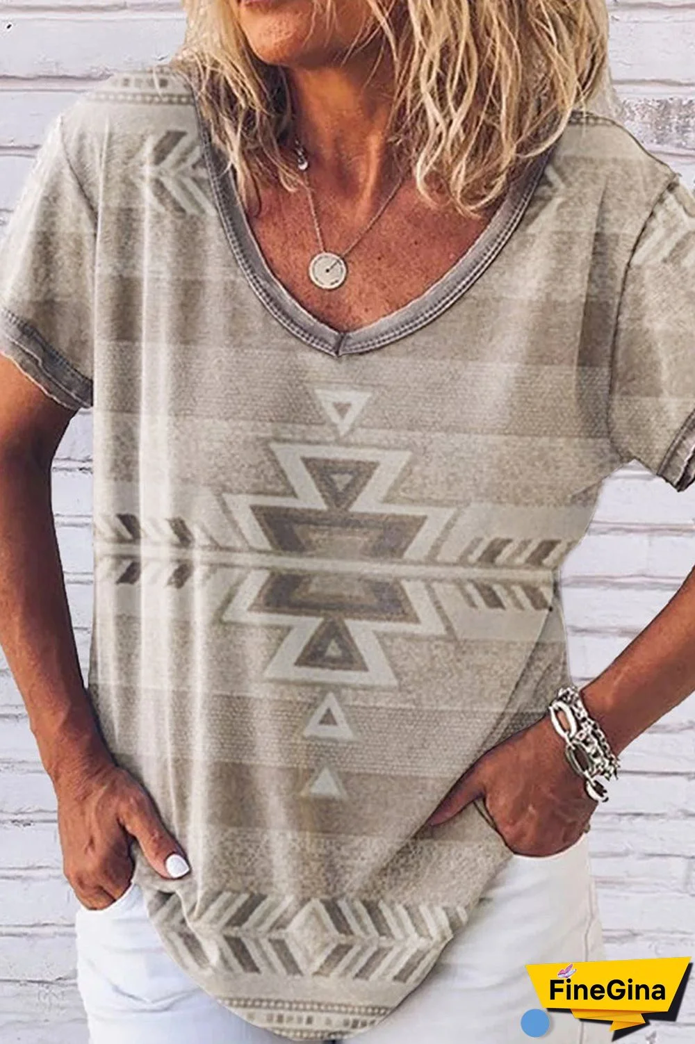 Fashion Street Print Split Joint V Neck T-Shirts