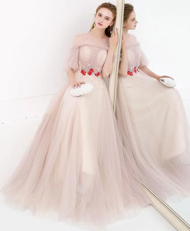 Unique Tulle Long Prom Dress, Tulle Champagne Long Evening Dress