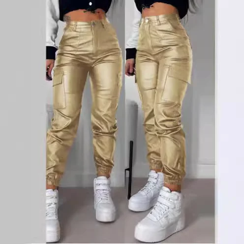 Wongn Wongn Summer 2023 Women's Wear Locomotive Zip Pleated Pocket Fashion PU Casual Sticker Bag Tight Foot Trousers