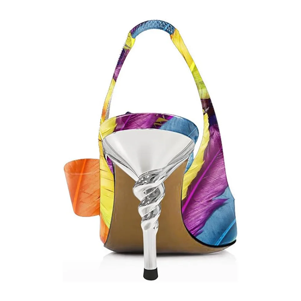 Multicolor Feather Print Sculptural Heel Bow Slingback Shoes