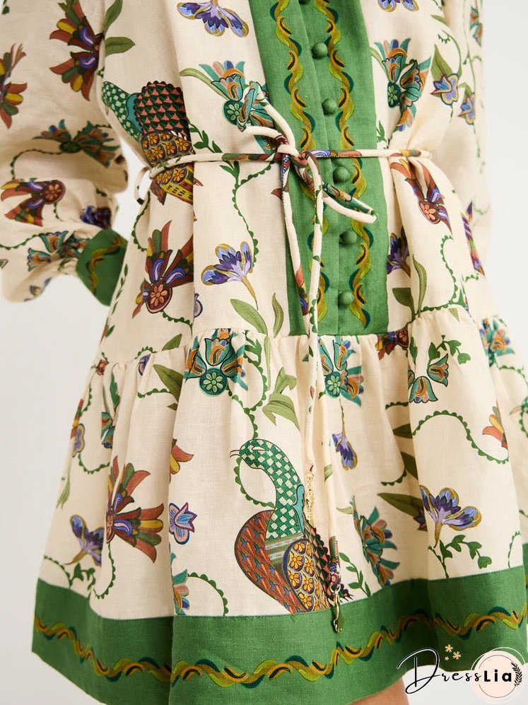 Single-breasted Lantern Sleeve Graffiti Print Lace-up Waist Maxi Dress
