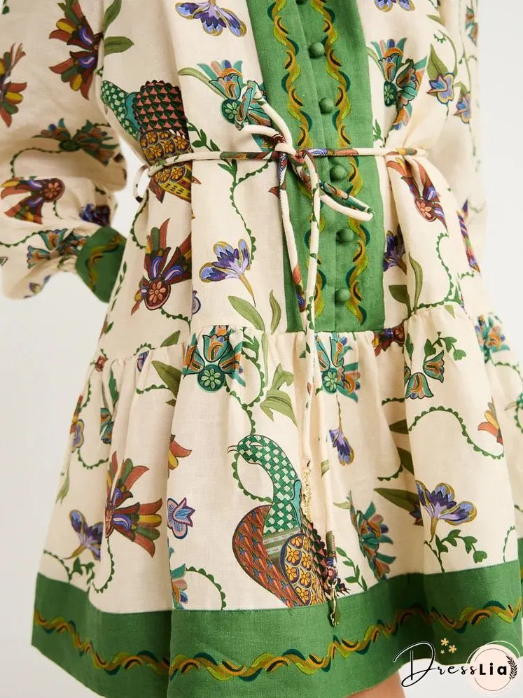 Single-breasted Lantern Sleeve Graffiti Print Lace-up Waist Maxi Dress
