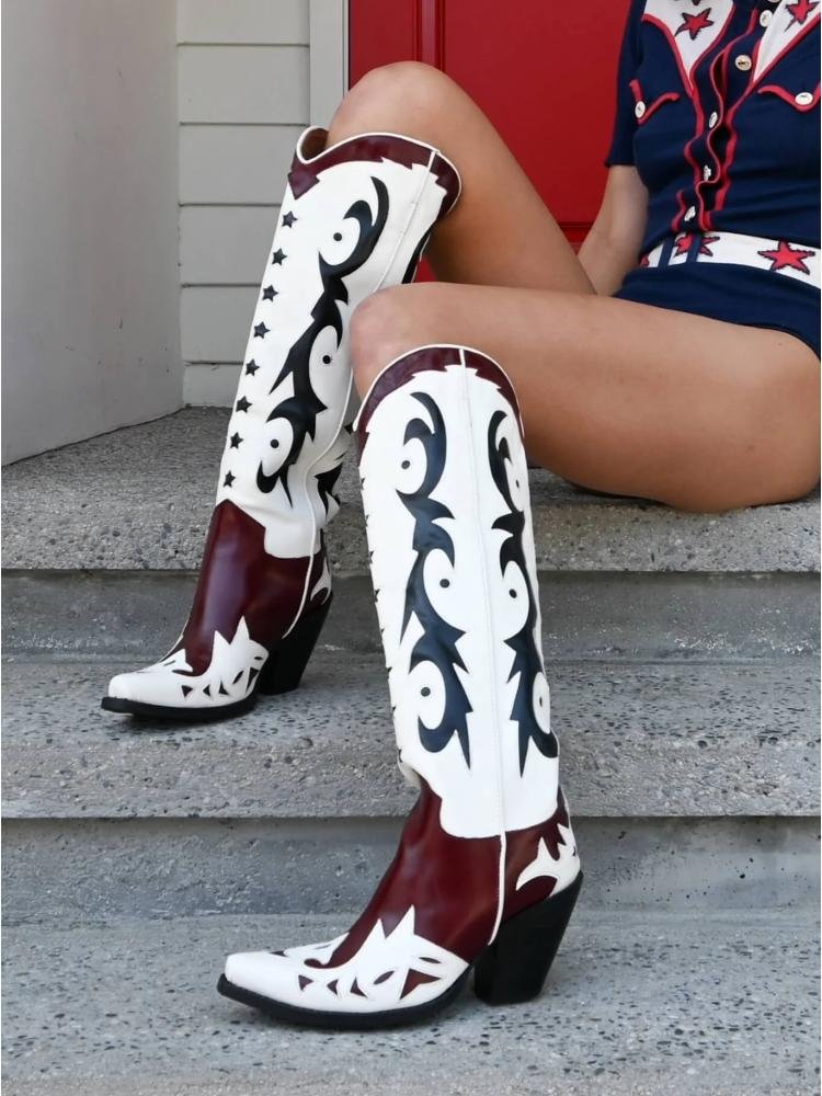 Patchwork Embroidered Pointed Toe Western Chunky Heel Knee High Boots