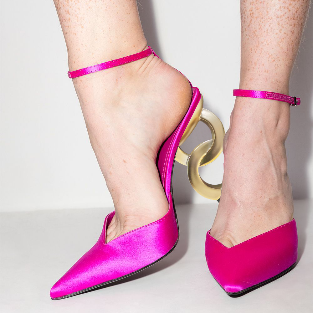 Pink Satin Closed Toe Decorative Heel Ankle Strap Pumps Nicepairs
