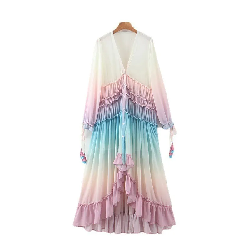 Brownm Brownm Summer/Winter Women's Ebay Deep V Long-Sleeved Gradient Printed Dress Dress Dress