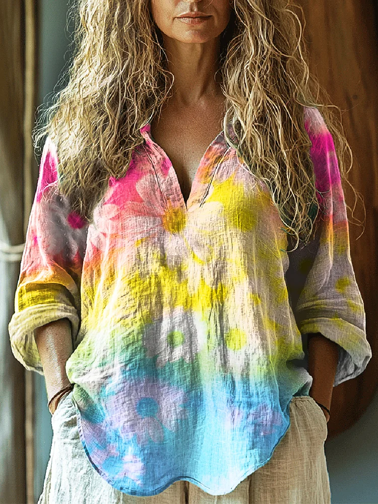 Women's Colorful Tie-Dye Daisy Print Casual Linen V-neck Shirt