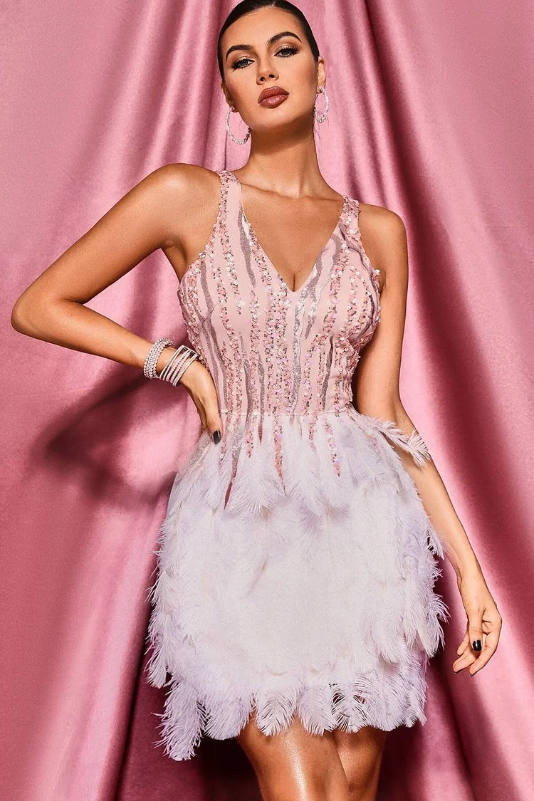 Feather Patchwork V Neck Sleeveless Sequins Dress-Pink