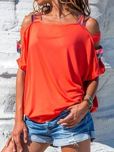 Hot Sale Women Bare Shoulder Shirt New Vintage Boho Print Cold Shoulder Tunic Loose top shirt Pure Color Short Sleeve Tees Tops