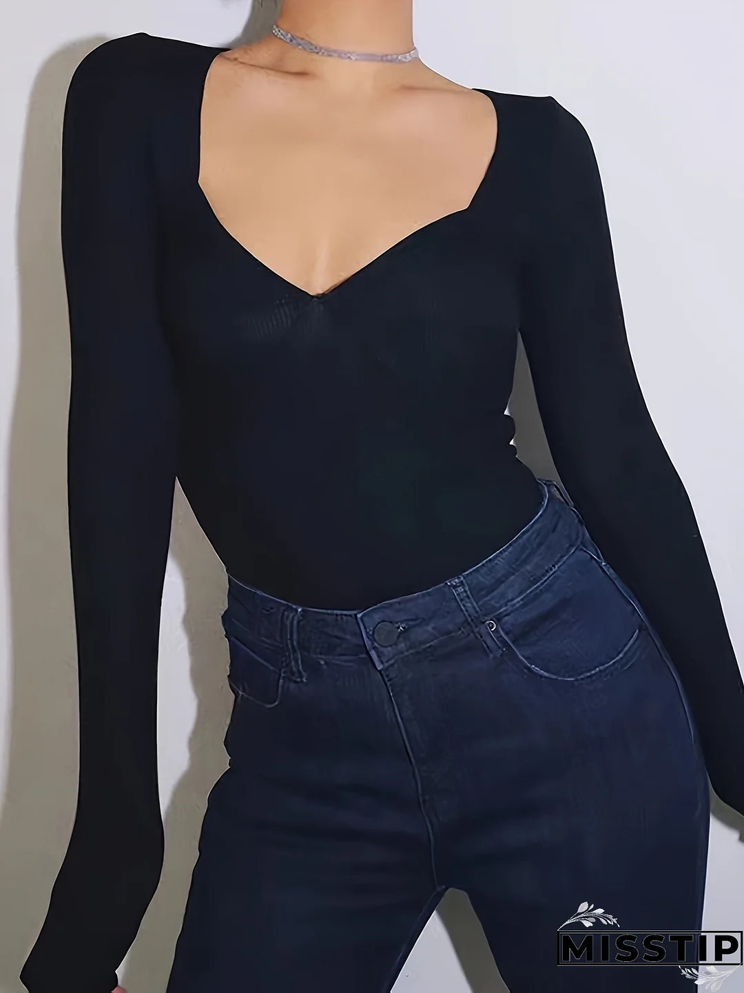 Sweetheart Neck Simple T-shirt, Casual Long Sleeve Slim Top For Spring & Fall, Women's Clothing