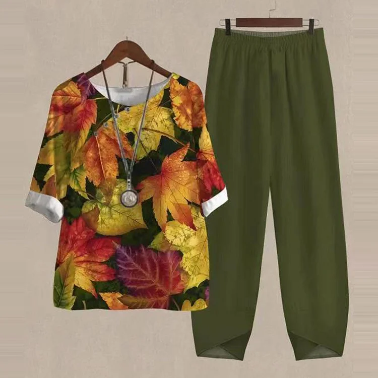 Casual Maple Leaf Print T-Shirt Two-Piece Set