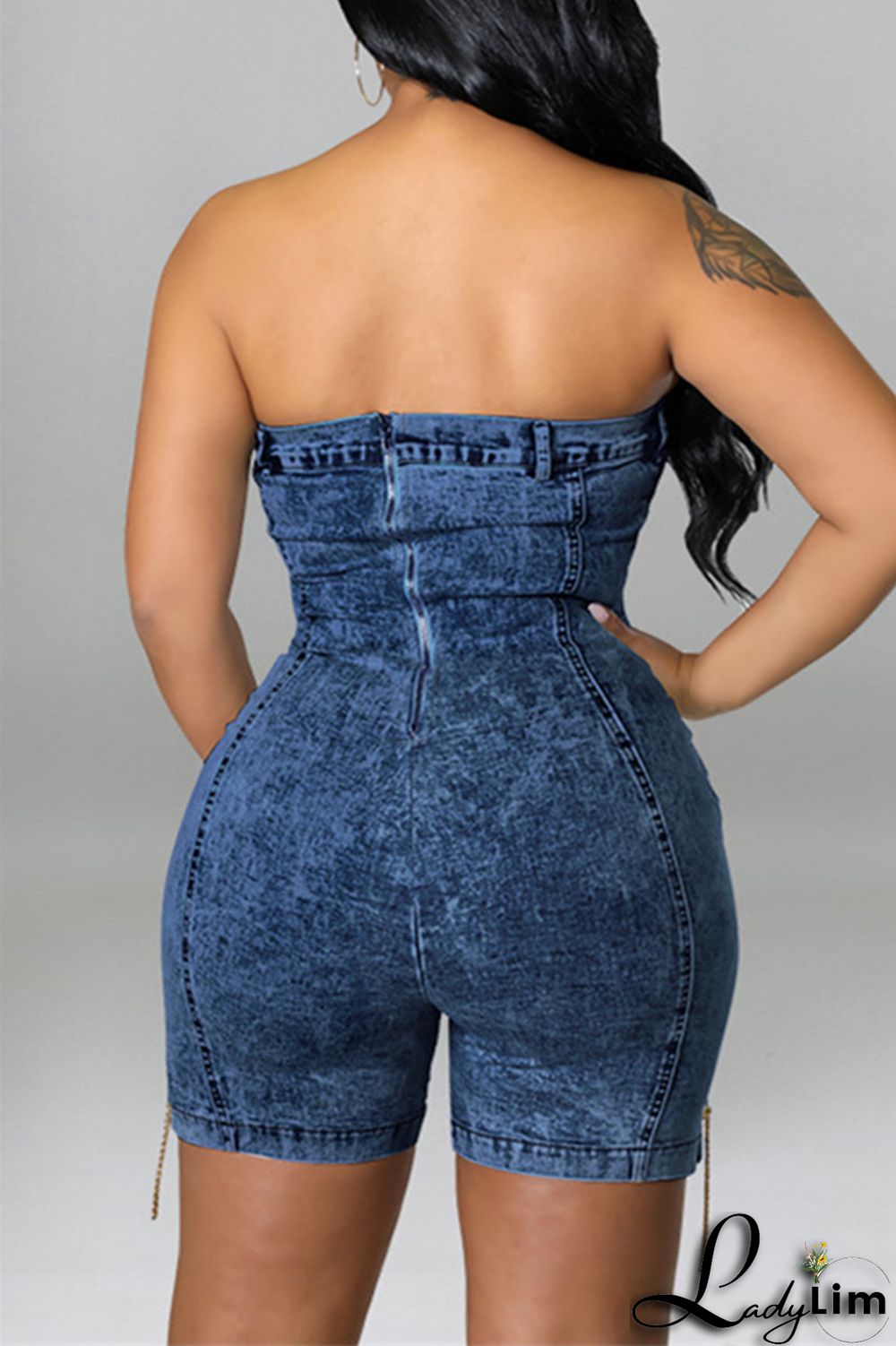 Deep Blue Fashion Sexy Solid Chains Backless Strapless Skinny Romper