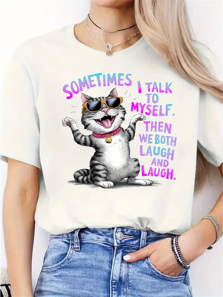 Women's Laughing Cat Graphic T-Shirt - Fun Casual Round Neck Tee With Playful "Sometimes I Talk To Myself" Quote, Comfortable For Spring/Summer, Machine Washable, Black, Casual Wear | Casual Style | Vibrant Print, Cat Shirt