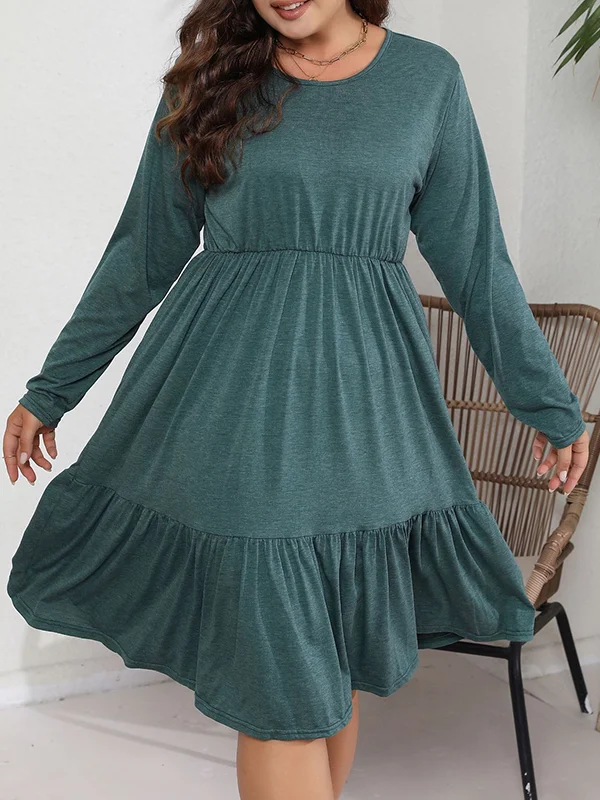 Pleated Ruffled Solid Color Long Sleeves Loose Round-Neck Midi Dresses