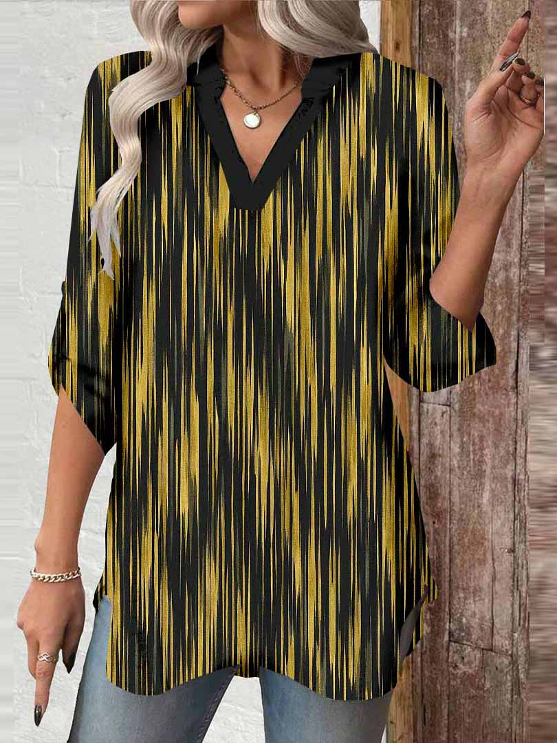 Women Black, Stripes, Gold DZGA0389 3/4 Sleeve V-neck Printed Graphic Button Tops