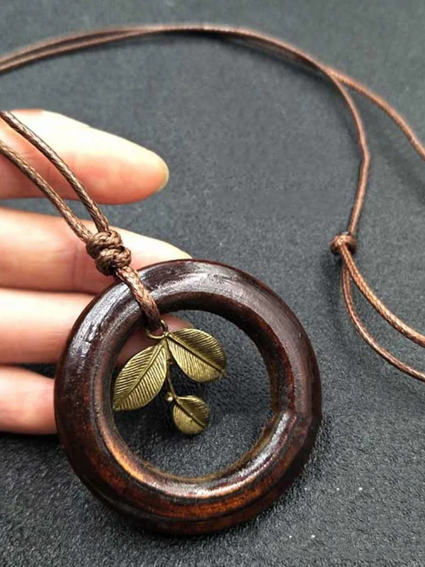 Vintage Handmade Wood Geometric Leaf Necklace
