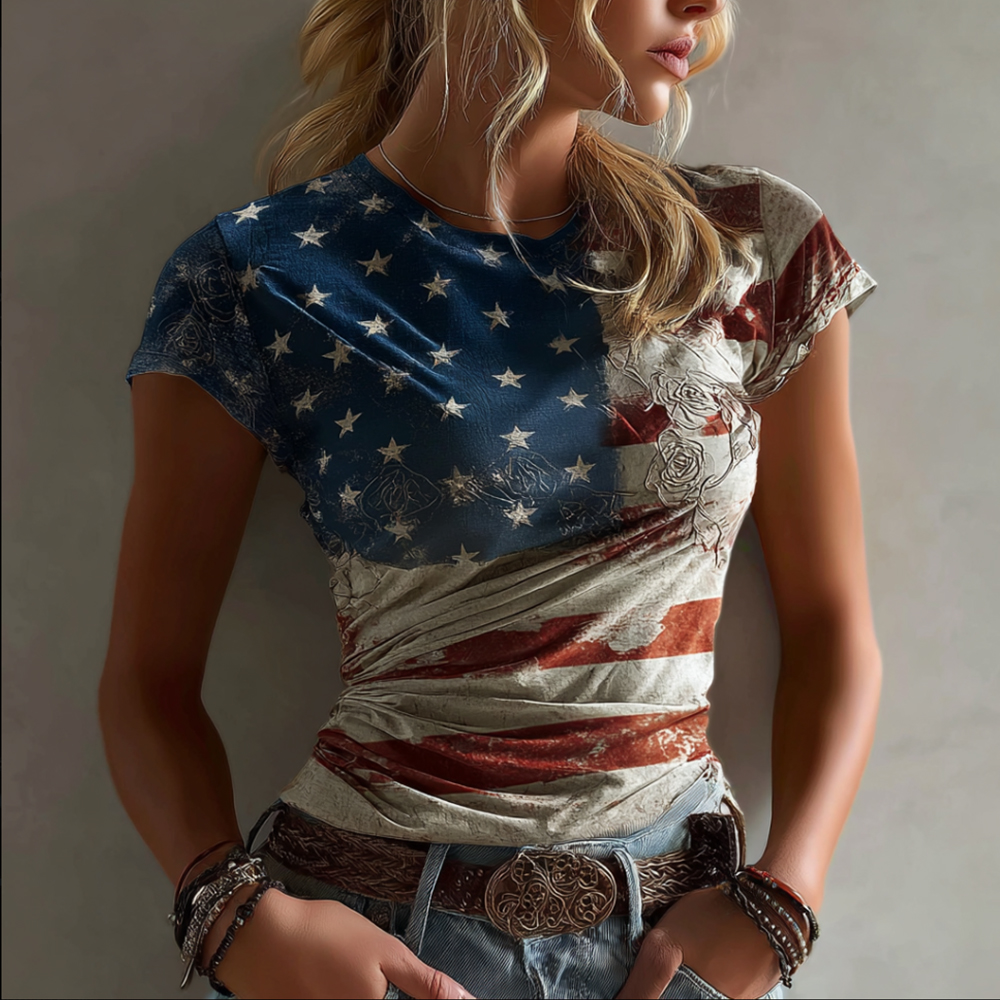 Comstylish Women's Vintage Independence Day Flag Floral Embroidery T-shirt