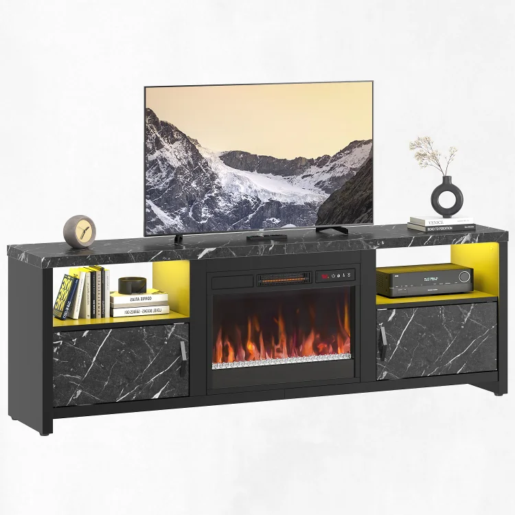Bestier Electric Fireplace TV Stand for TVs up to 75" Entertainment Center with LED Lights, Black Marble