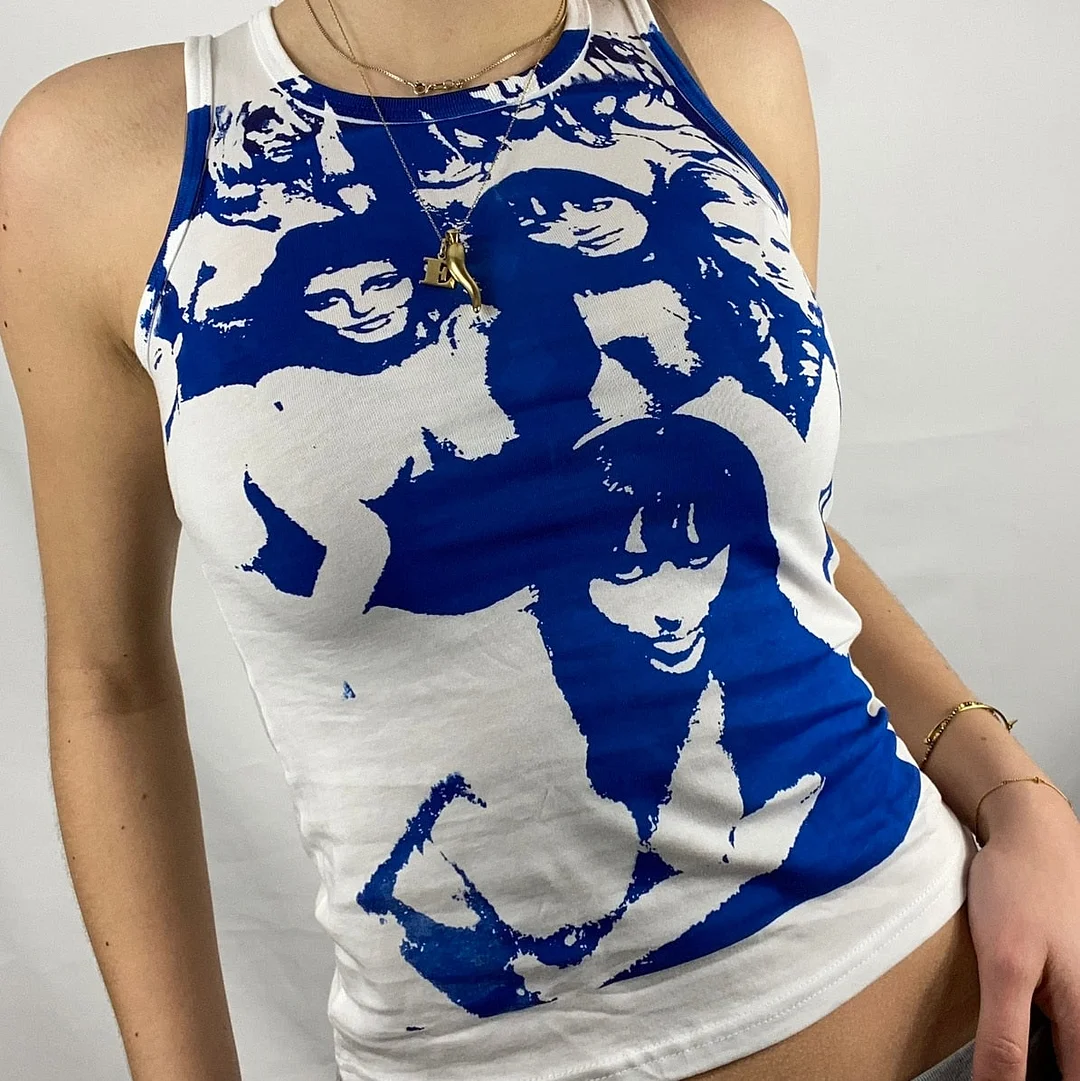 E-girl Vintage Y2K Aesthetic Tank Top Hip Hop Face Graphic Print Sleevless Slim Fit Women Gothic Crop Vest Sweats Tee Streetwear