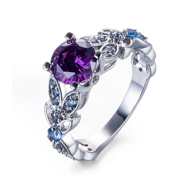 Purple Round Cut Leaf-Shaped Graceful Ring