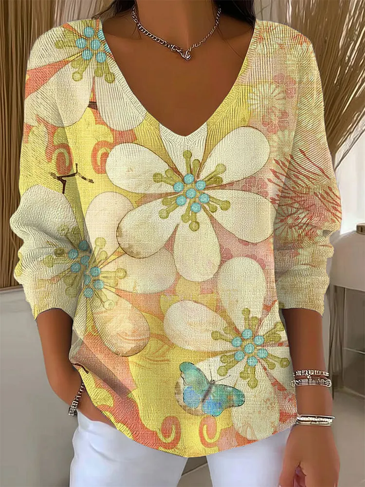 Women's Vintage Flower Art Print Casual Pullover Sweater