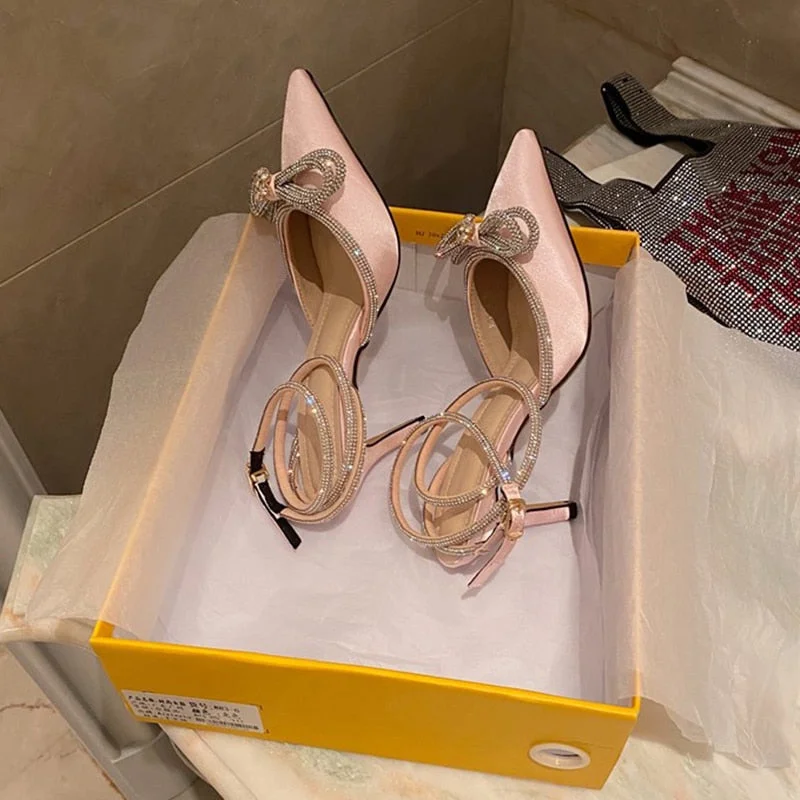 Aneikeh Spring/Autumn 2021 Women's Shoes Fashion Butterfly-Knot Narrow Band Bling Patchwork Cross-Tied Crystal Pointed Toe Pumps