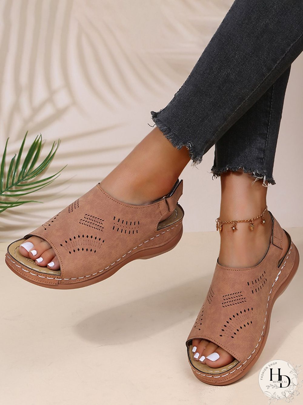 Cutout Velcro Vintage Casual Velcro Wedge Sandals