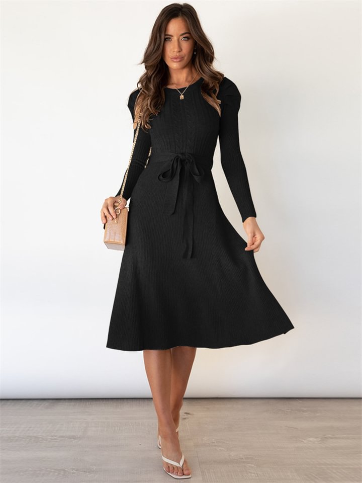 Bubble Sleeve Medium Long Style Slim Big Hem Knitted Dress | EGEMISS