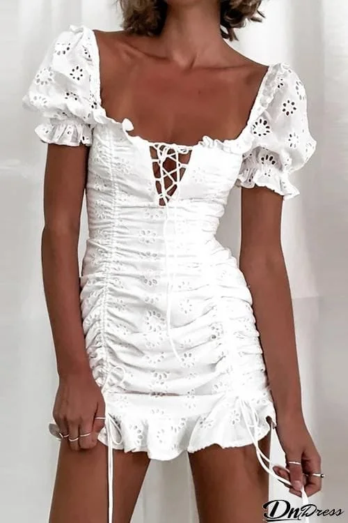 French Ruffle Square Collar Slim Pleated Dress