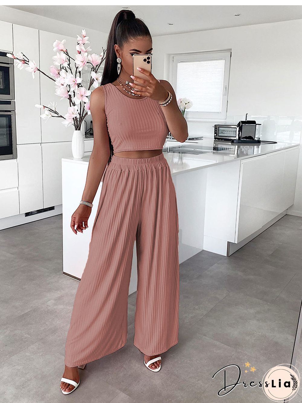 Casual Two Piece Sets Women Summer Fashion Sexy Vest Set Elegant High Waist Wide Pants Set Female Solid New Femme