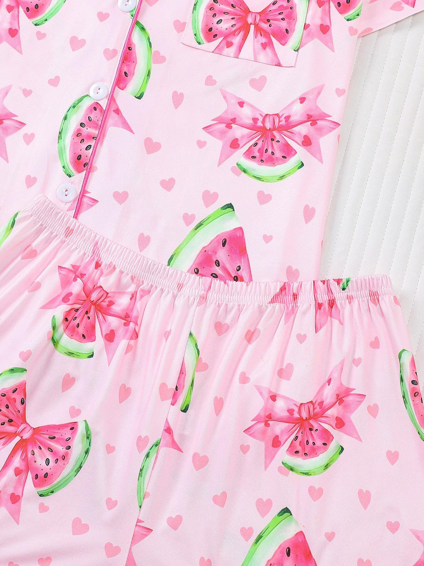 Women's 2-Piece Waffle Printed Sleepwear Set, Pajama Set, Short Sleeve Button-Up Top & Elastic Shorts, Casual All-Season Home Wear