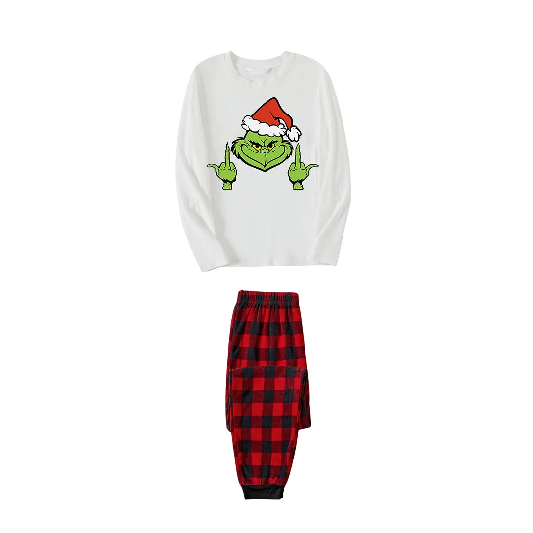 Christmas Green Cartoon Character With Santa Hat Pattern Print White Top And Red&Black Plaid Pants Family Matching Pajamas