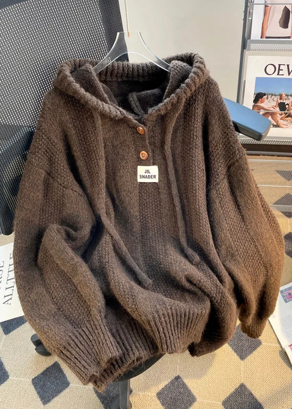 Coffee Button Lace Up Cotton Knit Tops Hooded Long Sleeve