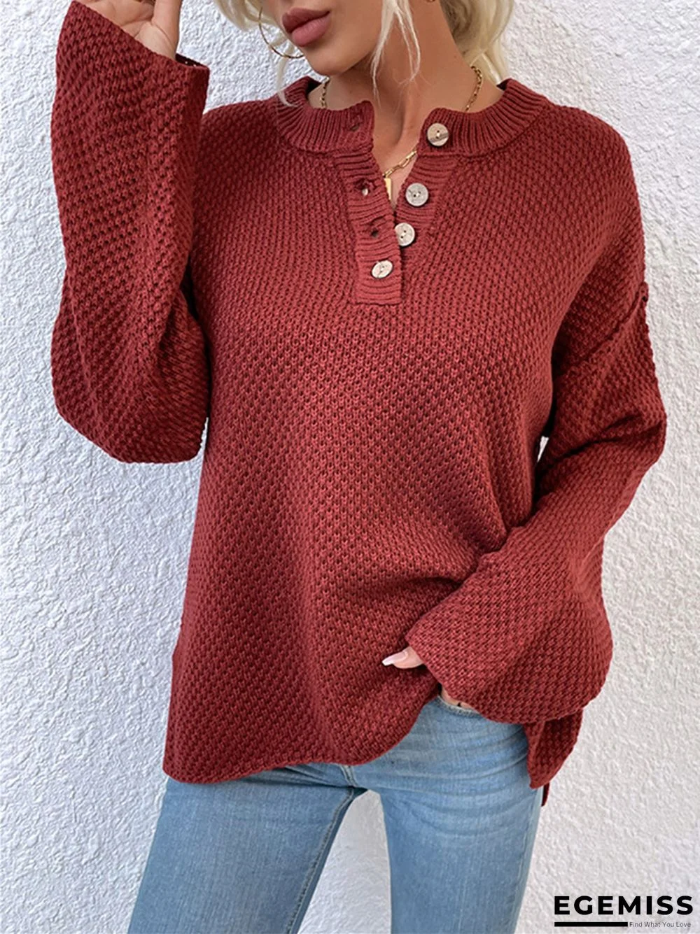 Casual Solid Color Sweater with Round Neck and Buttons | EGEMISS