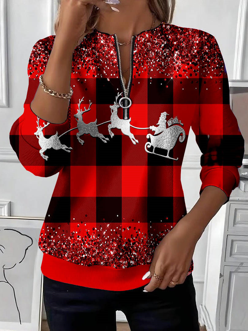 Women Long Sleeve Scoop Neck Elk Colorblock Snowflake Plaid Printed Graphic Zipper Sweatshirts Tops