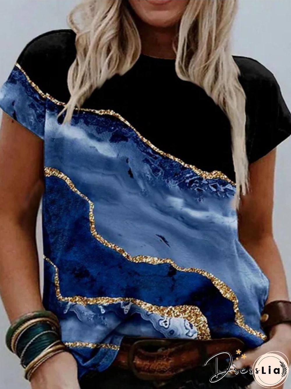 Casual Crew Neck Abstract Texture Print Short Sleeve T-Shirt