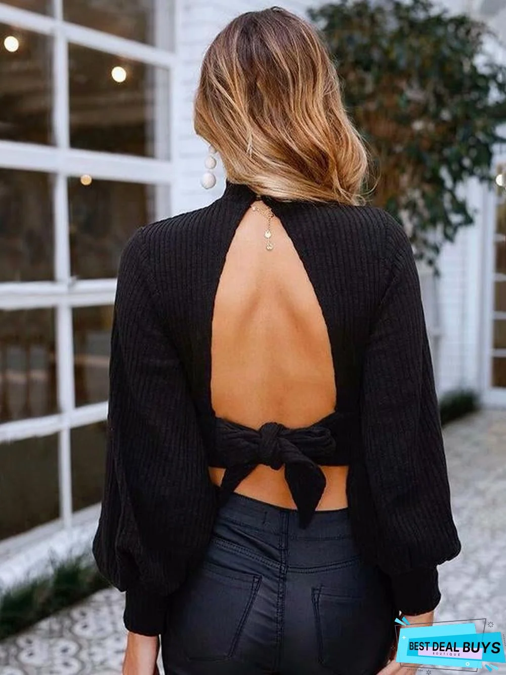 Hollow Backless Bowknot Puff Sleeves Sweater Tops
