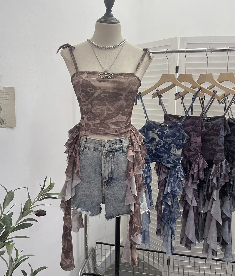 Uveng Real Shooting 2024 New Niche Babes Print Sling Vest Hem With Lotus Leaf Edge Sleeveless Top 6663