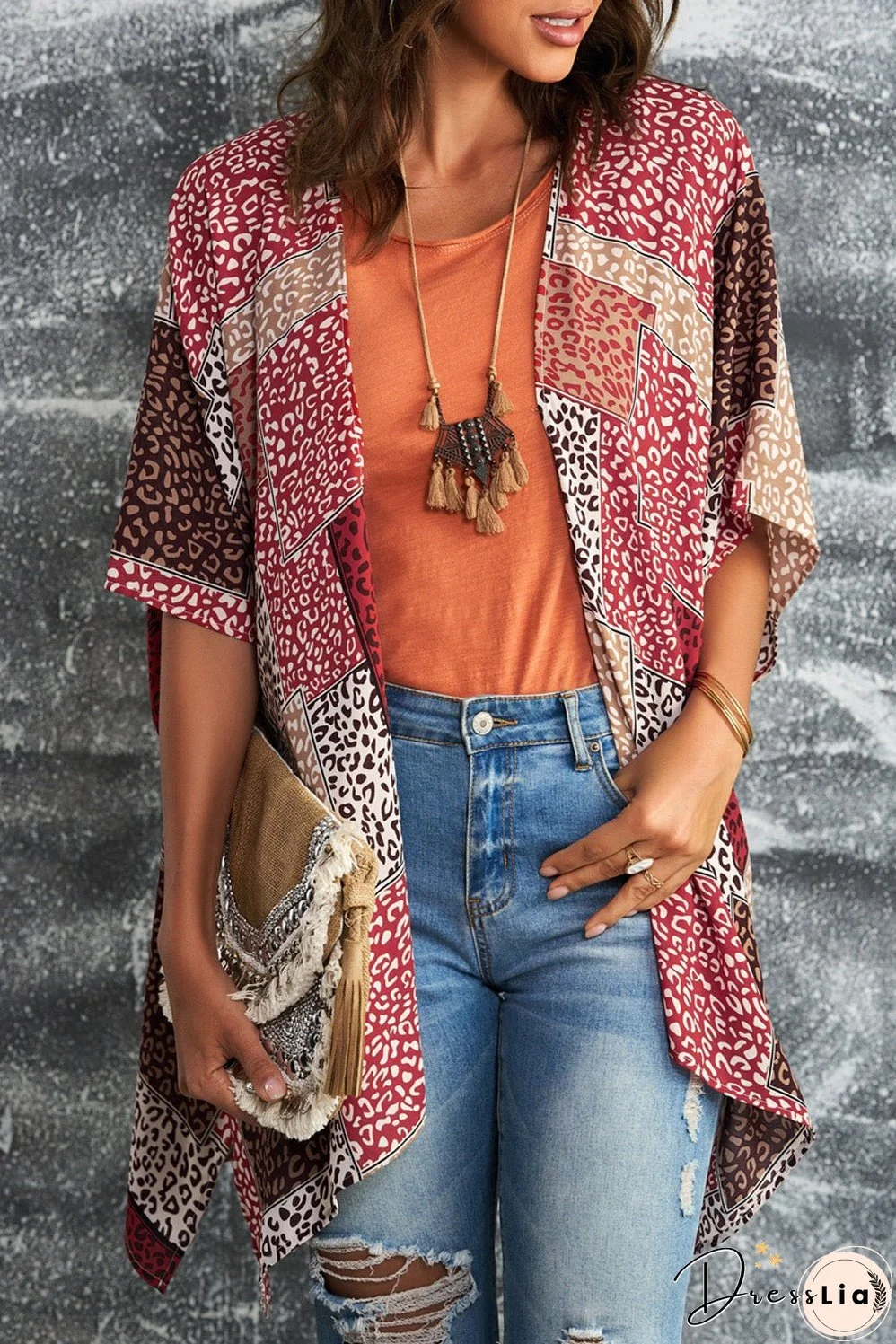 Leopard Print Open Front Kimono with Red Color Blocking