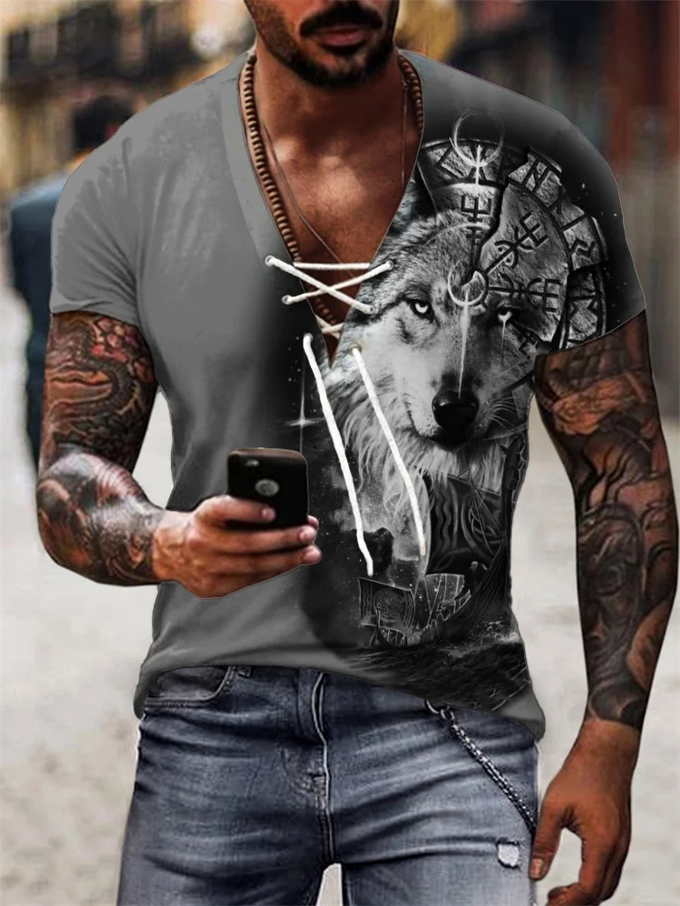 BrosWear Men's Viking Tour Vegvisir Wolf Graphic Lace Up T Shirt