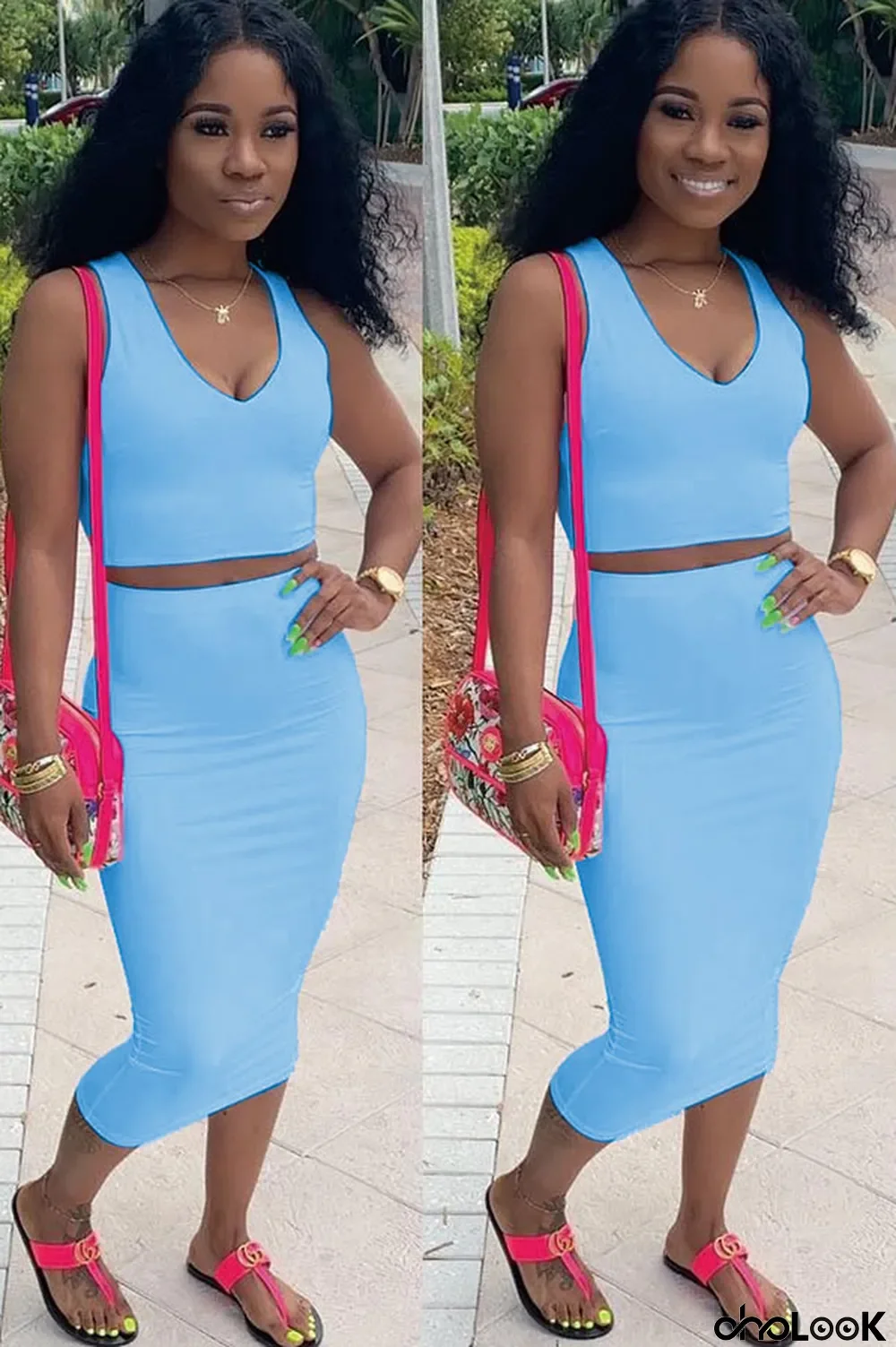 Blue Polyester Sexy Fashion Patchwork Solid A-line skirt Two-Piece Dress