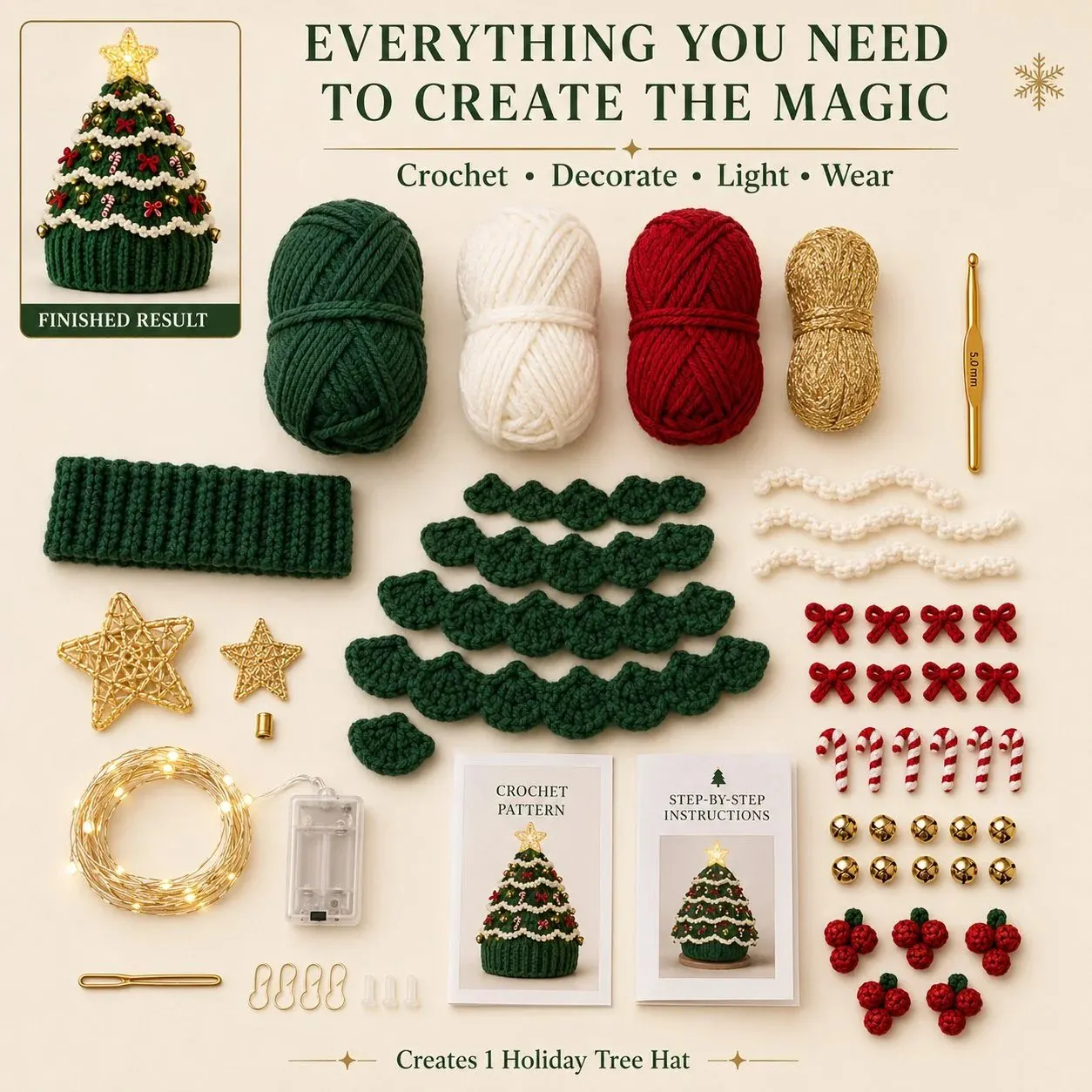 Crochet Christmas tree hat close-up details